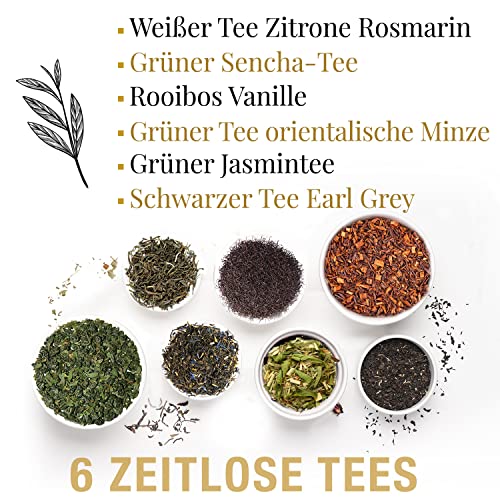 Bio Tee Geschenkset - Premium Tee Set, Natürliche Aromen, 6 Teesorten, 48 Teebeutel - Tee Geschenk Idee - Jasmintee, Minze Grüntee, Sencha Grüner Tee, Vanille Rooibos, Rosmarin Weißer Tee, Earl Grey
