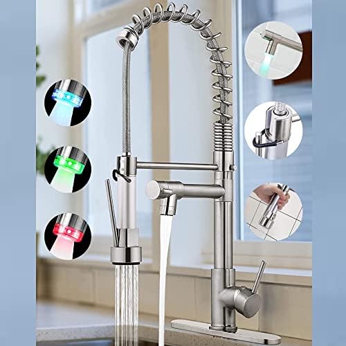 VIDEC Smart Kitchen Faucet, 3 Modes Pull Down Sprayer, LED Temperature Control, Ceramic Valve, 360-Degree Rotation, 1 or 3 Hole Deck Plate. (KW-21SN, Brushed Nickel, 20.47 Inches)