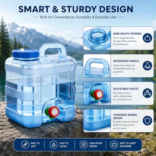 Image of Water Can 10 Litre with Tap for Home Portable Camping Picnic Hiking Water Tank Storage Container for Travelling Water Camper Dispenser Barrel with Faucet(Blue)
