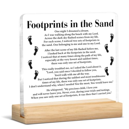 Inspirational Christian Home Office Desk Decor, Footprints in the Sand Acrylic Plaque Sign with Wooden Stand, Religious Gifts for Wonen Men Footprint Prayer Friend
