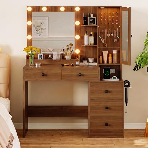 Image of Xixini Vanity Desk with Mirror and Lights, Makeup Vanity Table Set with 5 Storage Drawers, Power Outlet, Small Dressing Table with RGB Ambient Light, Adjustable Brightness for Girls Bedroom, Walnut