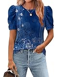 Zeagoo Camiseta de verano para mujer, cuello redondo, elegante, mangas abullonadas, blusa de manga corta, camiseta informal, Flor Mz712, M