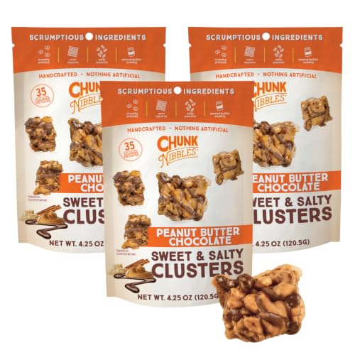 Chunk Nibbles Peanut Butter Chocolate Snack Clusters - Gourmet Sweet &amp; Salty Treat with Pretzels, Peanuts &amp; Corn Squares - Handcrafted, No Artificial Colors - 4.25oz Resealable Pouch (3 Pack)