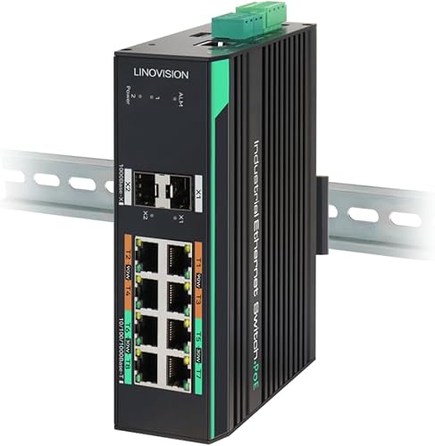 LINOVISION Switch POE industrial de 8 puertos gestionado Full Gigabit con 2 enlaces ascendentes SFP, gestión L2, puerto serie RS485, 4 puertos BT