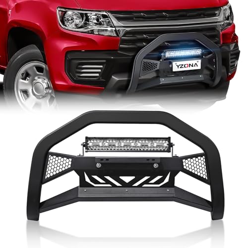 Image of YZONA Bull Bar with LED Light Bar & License Plate Frame Compatible for 2015-2022 Chevy Colorado & GMC Canyon Front Grill Guard Grille, Truck Brush Guard, Bumper Push (Include Skid Plate & Light Mount)