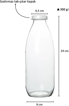 4 Pieces 1 Liter Transparent Jug of Milk, Ayran, Water, Lemonade, Soft Drink Bottle Glass Bottle with Plastic Lid