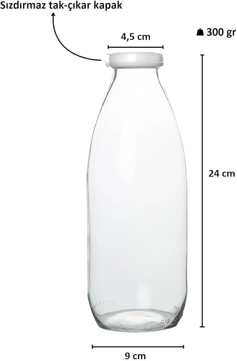 4 Pieces 1 Liter Transparent Jug of Milk, Ayran, Water, Lemonade, Soft Drink Bottle Glass Bottle with Plastic Lid