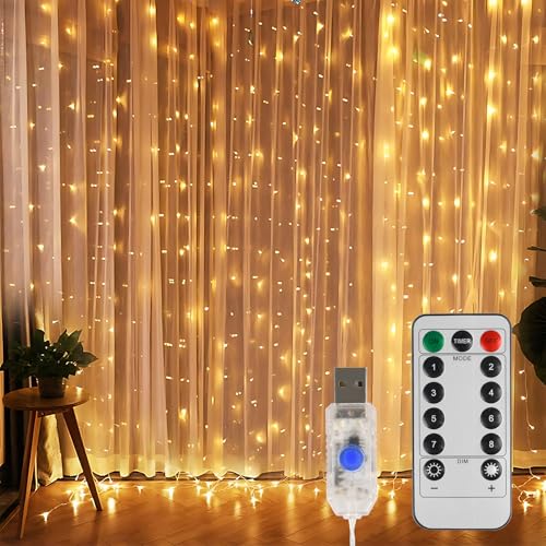 SENTAIMAO Curtain Fairy Lights 3m x 3m 300leds USB Operated 8 Modes String Light Indoor Outdoor Waterproof Hanging Window Lights with Hooks for Christmas Wedding Party Wall Home Decorations