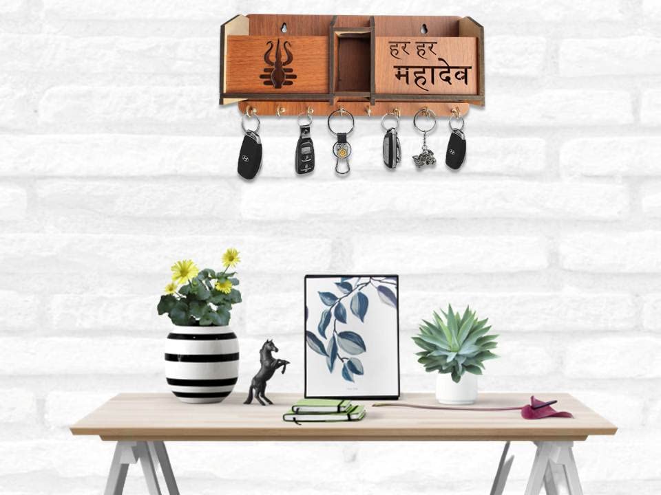 Image of Premium Har Har Mahadev Multipurpose Wooden Key Holder, Key Hanging For Wall Home, Living Room, Office Decor Key Holder Trishul Design Key Holder With Stainless Steel 8 Hooks Gift Item