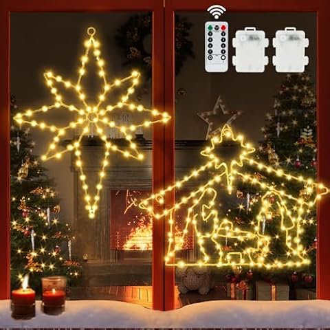 Sumfox Christmas Window Silhouette Lights, 16inch Window Christmas Lights with Light up Nativity Scene&Lighted Bethlehem Star, 2 Pack Christmas Window Decorations for Holiday Indoor Window Decorate Cover