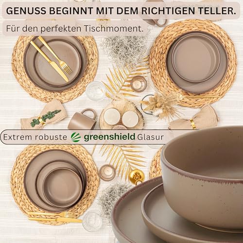 SÄNGER Bombay Oak | Kombiservice 20 teilig, Steingut Geschirr 4 Personen, 4x Speiseteller 4x Dessertteller 4x Schalen 4x Pastateller 4x Kaffeebecher, Teller Set modern | VALUE COLLECTION