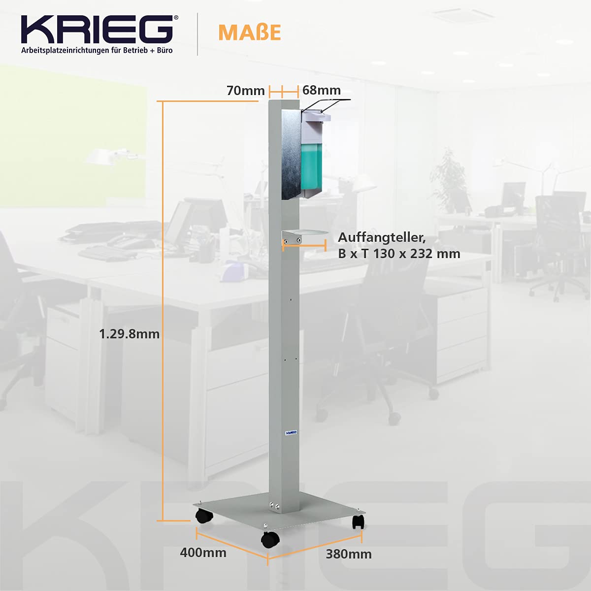 KRIEG Desinfektionsmittelständer mit Auffangteller stehend I Silber I Hygienestation freistehend & mobil I Hygienesäule mit Desinfektionsmittel I 1000 ml - 333 Sprühstöße I Ready to go
