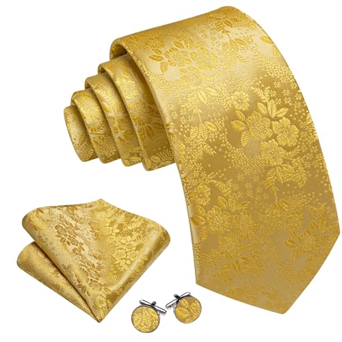 Image of Barry.Wang Flower Ties for Men Silk Woven Floral Tie Sets Necktie Handkerchief Cufflinks Wedding Party