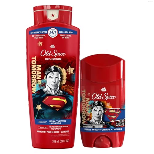 Image of Old Spice Body Wash + Antiperspirant Deodorant Bundle Pack, Superman Man of Tomorrow, 24 /7 Freshness, Smell Like a Hero, Bright Citrus + Cosmos Lasting Scent, 24 oz & 2.6 oz (Pack of 2)