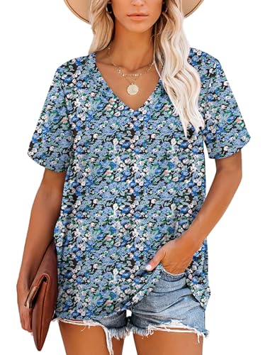 MOLERANI T Shirts for Women Short Sleeve V Neck Striped Summer Tops Casual Loose Tee Flower Sea Blue Size 3XL