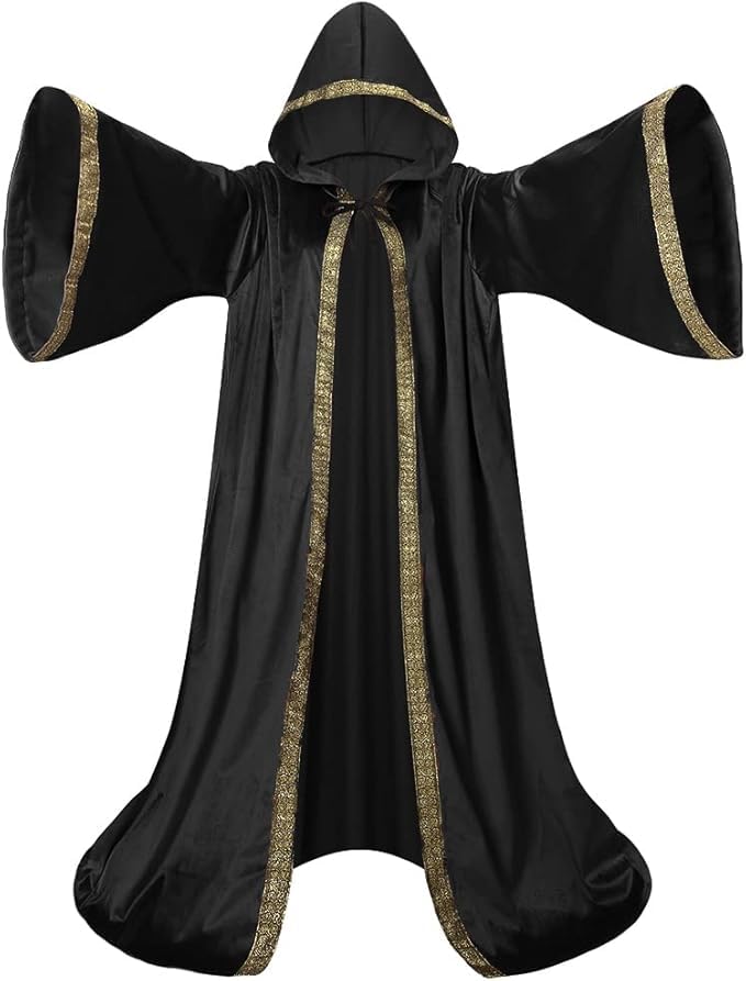 DELIVESS Unisex Velvet Wizard Robe Wizard Cloak Cosplay Renaissance Costume Halloween (59.06", Black)