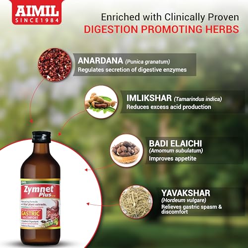 Image of AIMIL Zymnet Plus Syrup - 200ml | Ayurvedic Digestive Syrup for Gastric Discomfort & Acidity | Carminative Herbal Digestant Tonic to Control Nausea and Relieve Abdominal Pain