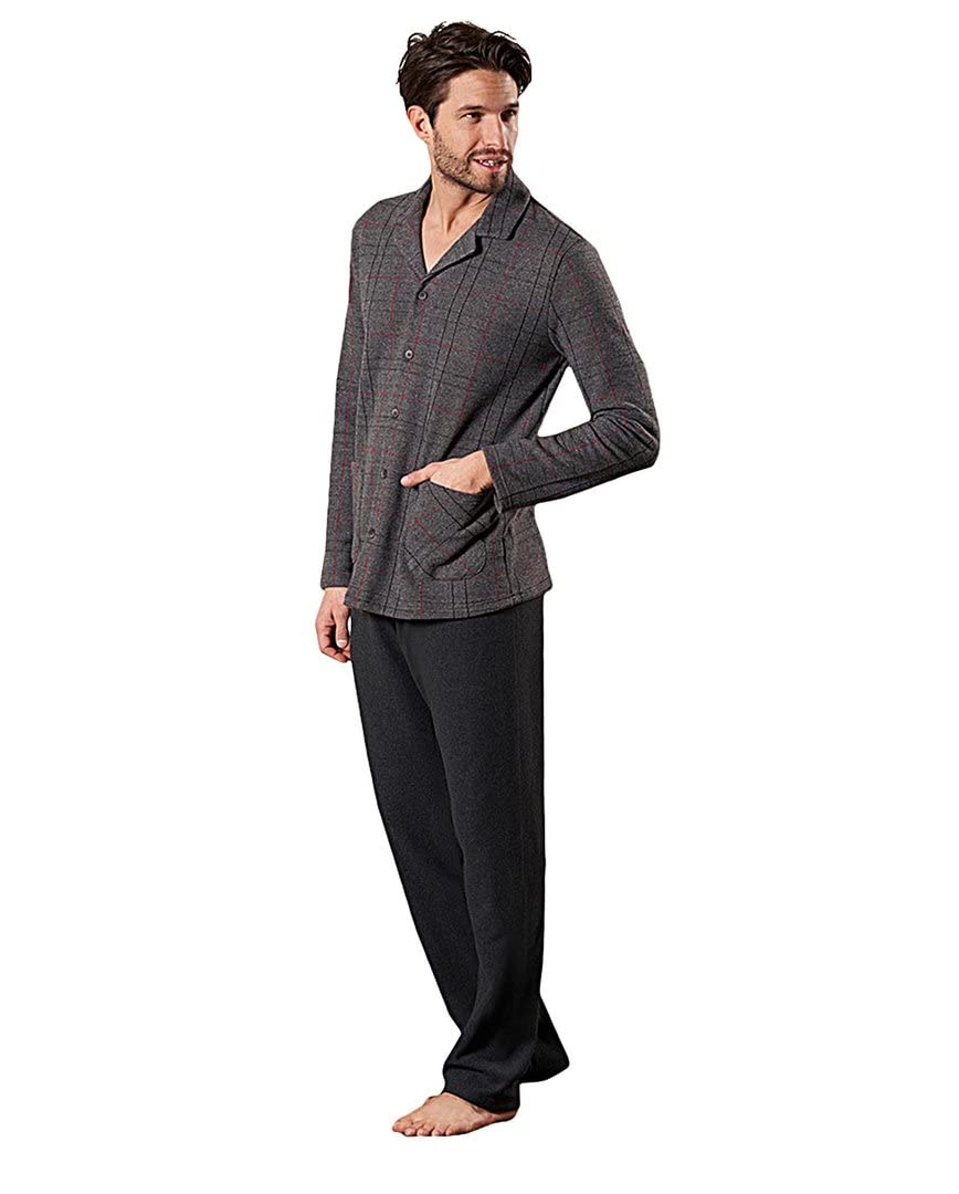 Leo Corsetteria Pigiama Uomo Caldo Punto Milano Jacquard Aperto con Colletto 2 Tasche Elegante Blu - 1