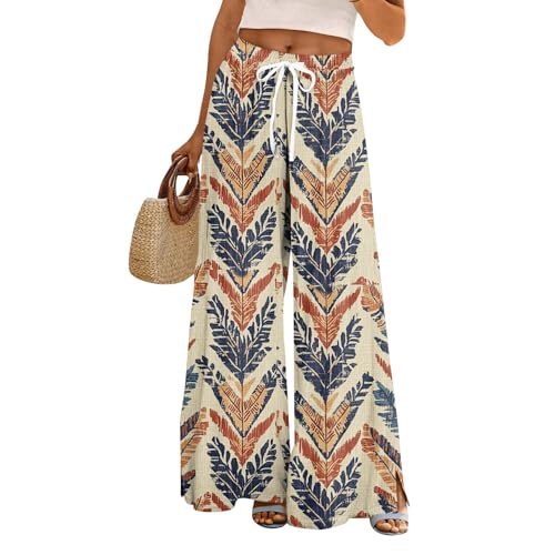 Loose Pants for Women Summer Floral Print Elastic High Waist Drawstring Wide Leg Pants Baggy Lounge Beach Palazzo Trousers