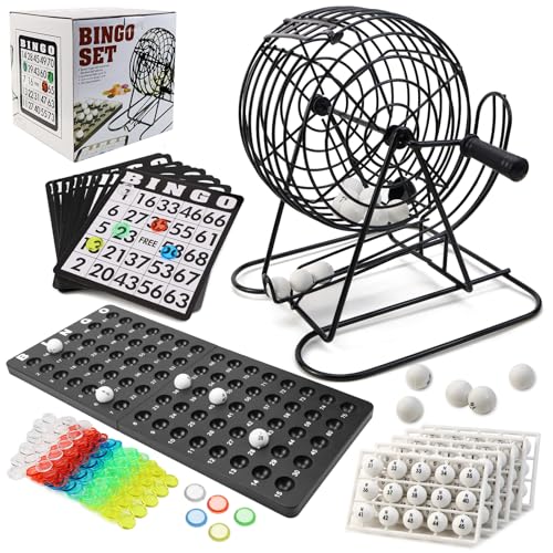 UVVRUR Bingo, set da gioco, tamburo in metallo, 18 biglietti, 75 palline, 150 chip, tavola da gioco, 500 carte, nero (A) UVVRUR Bingo, set da gioco, tamburo in metallo, 18 biglietti, 75 palline, 150 chip, tavola da gioco, 500 carte, nero (A)