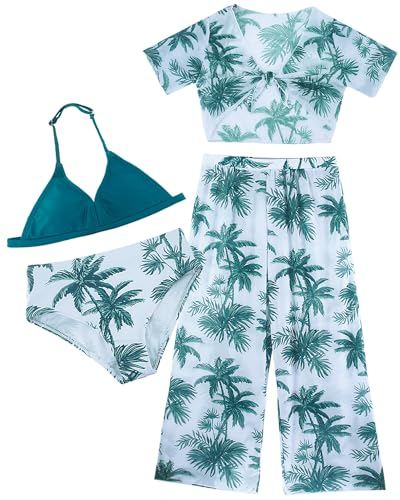 Image of Happy Cherry Girl's 4PCS Swimsuits Tropical Print Halter Bikini Set Bathing Suits with Kimono and Cover Up Pant Boho Swimwear