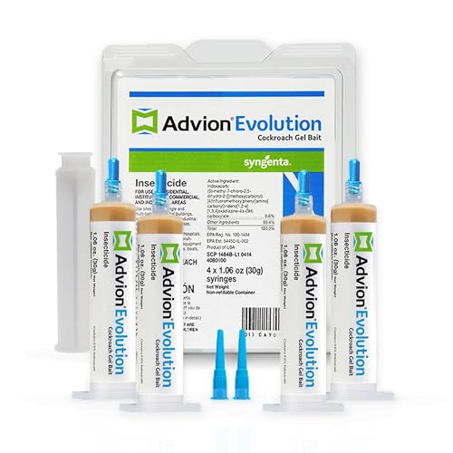 Advion Evolution Cockroach Gel Bait, 4 Tubes x 30-Grams, 1 Plunger and 2 Application Tips, Formulated with Indoxacarb, Enhanced Formulation, Ready-to-Use Roach Killer for Indoor and Outdoor Use