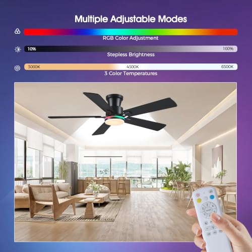 Image of JSAITEE 52in Flush Mount Ceiling Fans with Lights Low Profile, Black RGB | Ceiling Fans with Lights Flush Mount Low Profile, Reversible Motor, 3CCT Dimmable, Noiseless, 6 Speeds, Black Modern