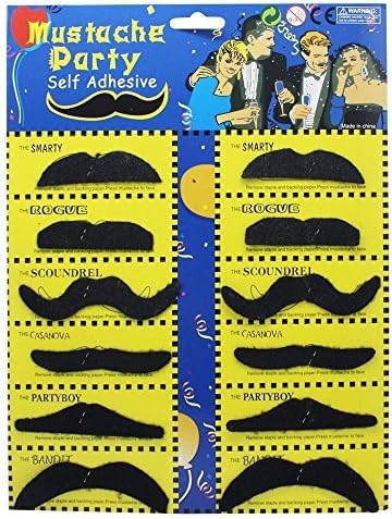 Set 12 Baffi Finti Autoadesivi - 6 Stili Diversi Per Carnevale E Feste In Maschera