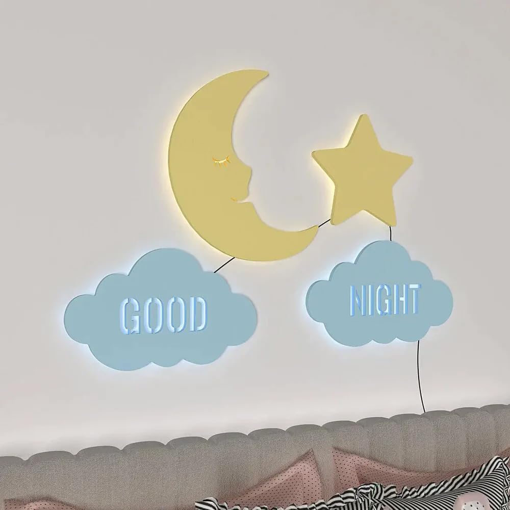 DEKORSTATION Good Night Moon & Star Wooden Wall Decorative Backlit for Kids Room Décor 2