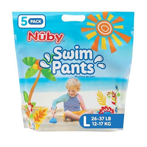Nuby Swim Pants for Toddlers - 5 Pack - Toddler Swim Diapers with Stretchy Waistline Tear-Away Sides Water-Resistant Outer Layer & Leak-Preventing Cuffs - Size Large (26-37 lbs)