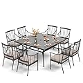 PHI VILLA 9 Pieces Outdoor Dining Table Set for 8, 60” Square Wrought Iron Dining Table & Heavy-Duty Steel Dining Chairs with Cushions, Large Dining Furniture Set for Patio, Deck, Yard, Porch