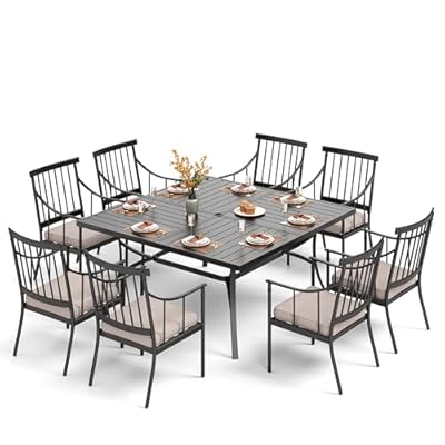 PHI VILLA 9 Pieces Outdoor Dining Table Set for 8, 60” Square Wrought Iron Dining Table & Heavy-Duty Steel Dining Chairs with Cushions, Large Dining Furniture Set for Patio, Deck, Yard, Porch