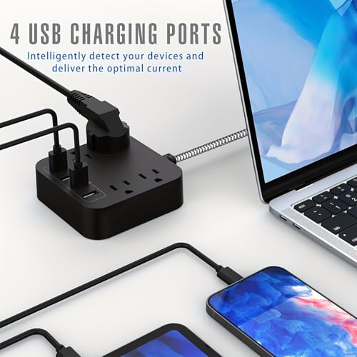 Extensión con enchufe plano, 5 pies, filtro múltiple con 4 puertos USB y 4 tomas amplias, montaje en pared, estación de carga para oficina, viaje y dormitorio miniatura 4