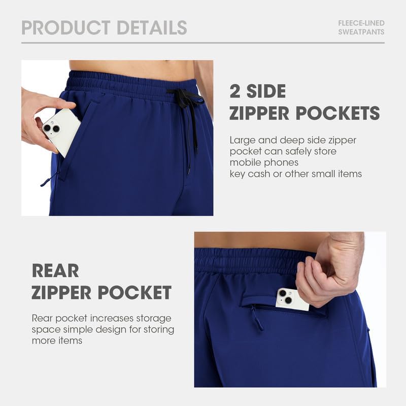 Men's Fleece Lined Pants Winter Athletic Workout Running Sweatpants Zipper Pockets Water Resistant Warm Joggers - Image 5