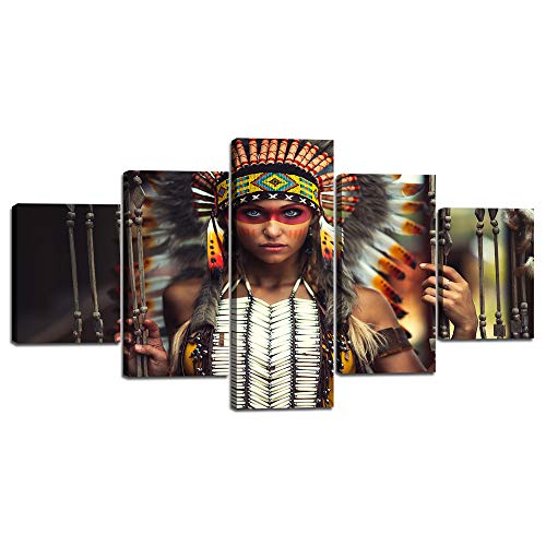 Yatsen Bridge Beauty Native Woman Canvas Wall Art 5 Panels Modern Framed American Indian People Painting Prints Artwork for Home Walls Decor on Wrapped Canvas Set - 60''W x 32''H