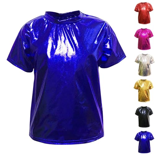 Girls Metallic Sparkle Summer Tops Short Sleeve Sequins Round Neck Shiny Party T-Shirt Kids Performance Oufits for 3-16 Years2
