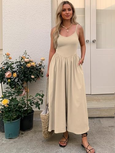 Image of Mieazom Women's Sleeveless V-Neck Maxi Dress with Pockets - Slim Fit Casual Summer Spaghetti Strap Dress for Vacation