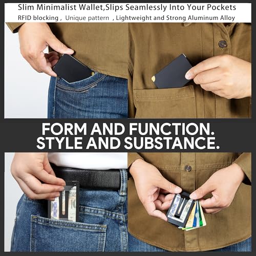 Image of Minimalist Carbon Fiber Wallet for Men, Money Clip Cash Strap Wallet, RFID Blocking Metal Wallet Aluminum Card Holder,Front Pocket Wallet(Matte Black)