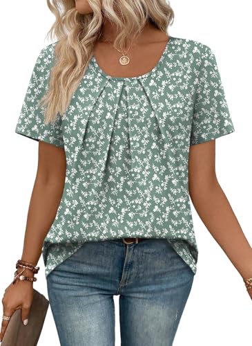 Image of WIHOLL Women T Shirts Pleated Short Sleeve Tops Business Casual Dressy Blouses