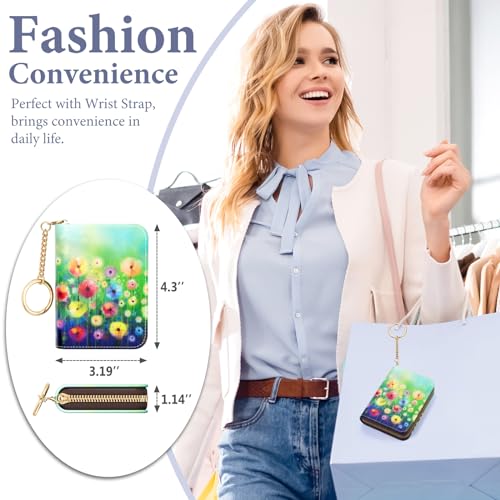 Image of Credit Card Holder RFID Wallet for Women, Small Leather Card Organizer Case with Zipper and Keychain, Hydrangea