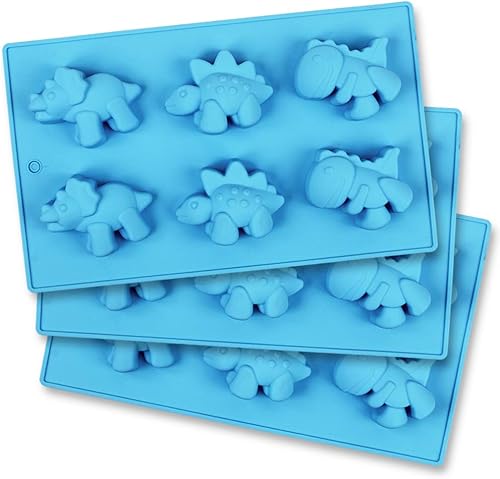 homEdge Moldes de silicona para caramelos de dinosaurio, juego de 3 paquetes de moldes antiadherentes para chocolate, jabón hecho a mano, color azul