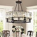 yomay Vintage Crystal Chandelier Black 6 Lights Hanging Ceiling Light Fixture Iron Frame Pendant Lighting for Farmhouse Decoration Dining Table Living Room
