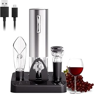 CokunstÂ Electric Wine Opener Set with Stand, USB Charging Corkscrew Remover, One-click Button Rechargeable Cordless Bottle Openers with Wine Pourer, Vacuum Stoppers, Foil Cutter for Home Party Wedding