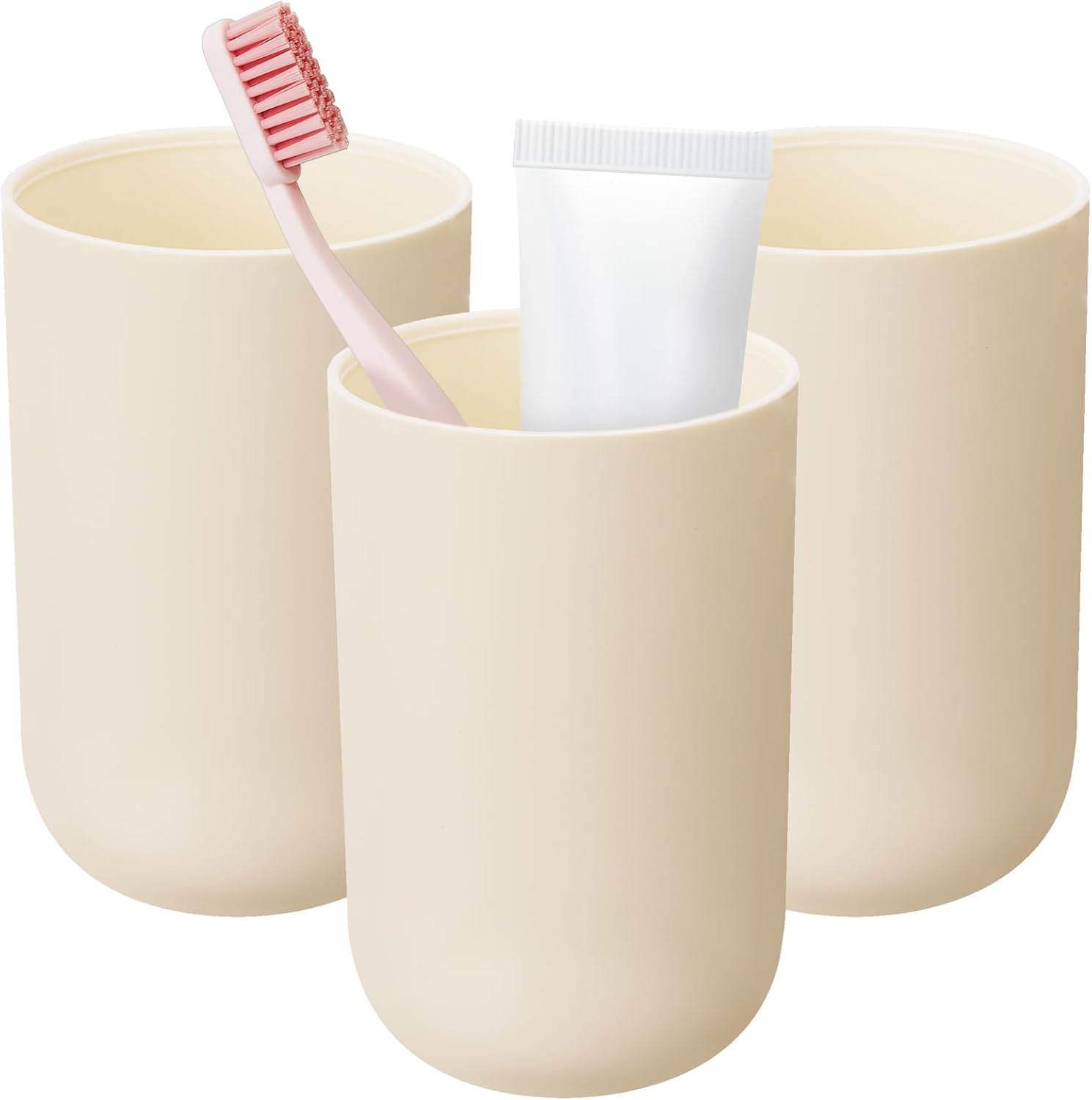 NiHome Toothbrush Holders for Bathrooms 3 Pcs, Plastic Reusable Bathroom Tumbler Toothbrush Cups, 13.5oz Unbreakable Mouthwash Cups Easy to Clean (Cream)