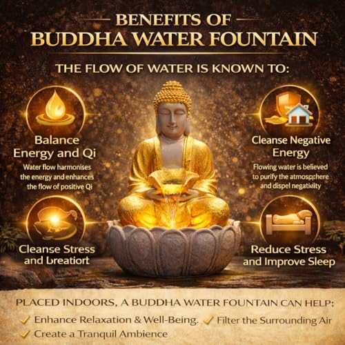 Image of 2 Feet Kamal Buddha Water Fountain for Home & Garden|Fiber Buddha Fountain with LED Light|Indoor Outdoor Fountain for Vastu & Positivity (Golden, 2 Feet Kamal Buddha Fountain)