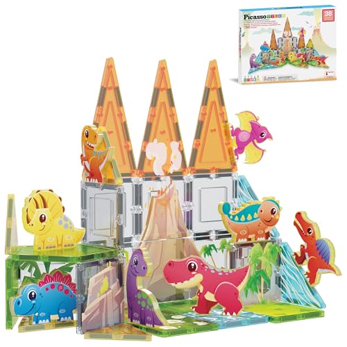 PicassoTiles 38pcs Magnet Tiles Building Blocks Dinosaur Theme Set with 8 Magnetized Action Figures Magnetic Construction Build and Play Toy with Magnets STEM Learning Activities for Toddlers 3+ PTQ13