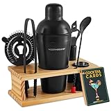 Modern Mixology Juego de coctelera – Kit de 8 piezas para camarero en soporte de pino de calidad | Juego completo de regalo de cóctel | Regalos de barman para hombres | Diseño a prueba de fugas (negro