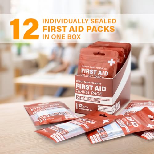Image of EVERLIT CARE Travel Bandage Pack | 12 Individual Packets, Bulk Portable Mini First Aid Kit with 20 On-the-Go Essentials | Compact Water-Resistant Reusable Pouch to Clean, Cover & Protect
