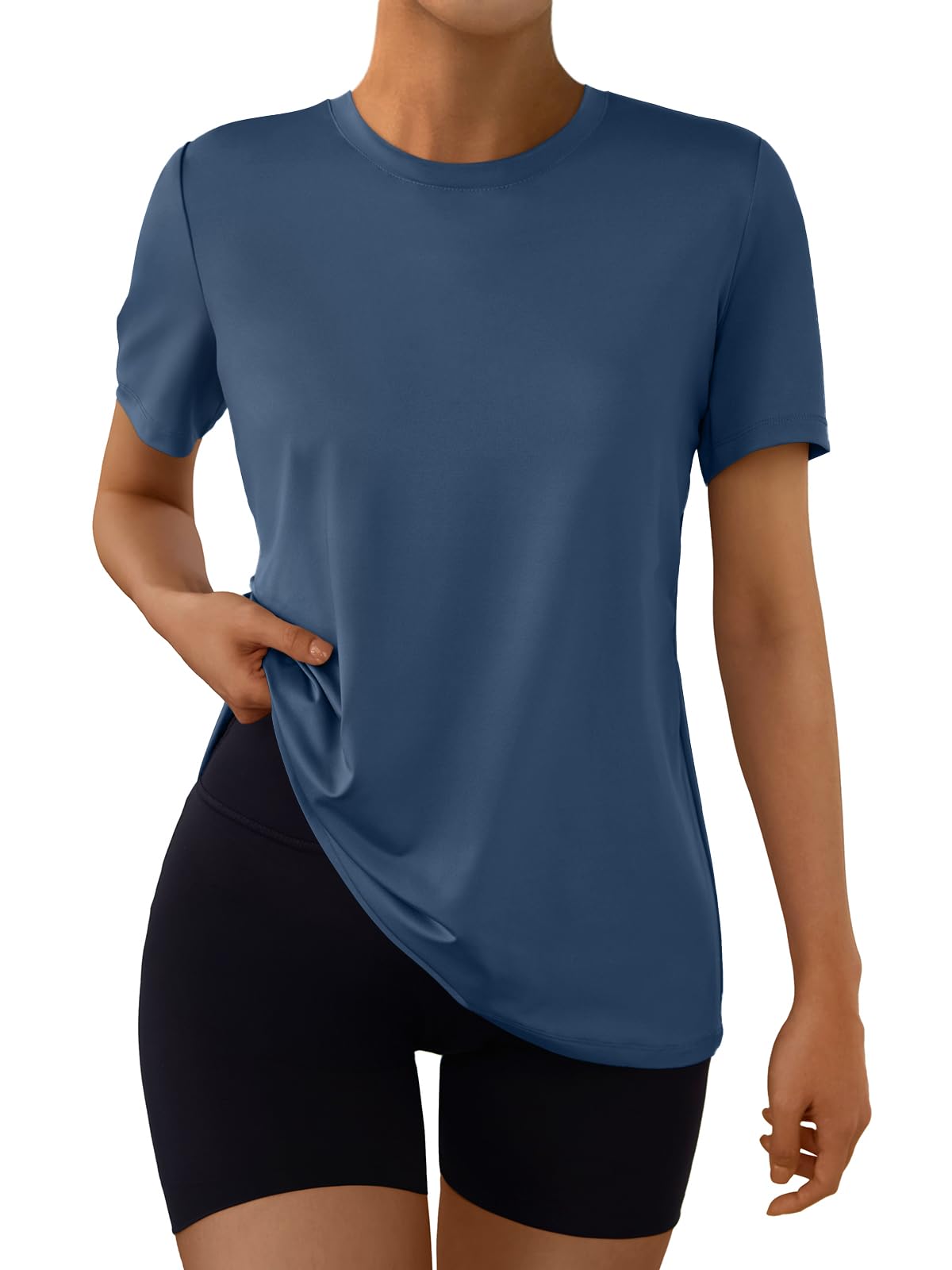 AUTOMET Women's Workout Tops Short Sleeve Gym Shirts Summer Athletic Yoga Tshirts Loose Fit Casual Clothes 2025 Navy S