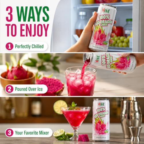 Image of VINUT 100% Red Dragon Fruit Juice with Pulp (Pitaya), No Added Sugar, Not From Concentrate, Gluten Free & Non-GMO Drink, 100% Vegan /Plant-Based, 10.82 fl oz Cans (Pack of 12)